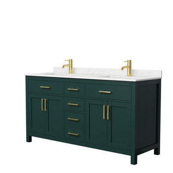 Beckett 66 Inch Double Bathroom Vanity In Green, Carrara Cultured Marble Countertop, Undermount Square Sinks, Brushed Gold Trim