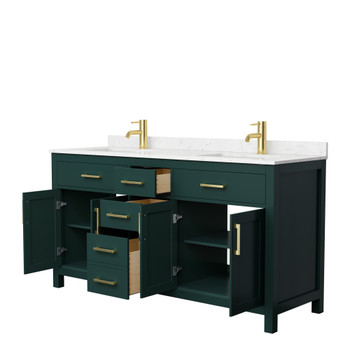 Beckett 66 Inch Double Bathroom Vanity In Green, Carrara Cultured Marble Countertop, Undermount Square Sinks, Brushed Gold Trim