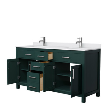 Beckett 66 Inch Double Bathroom Vanity In Green, White Cultured Marble Countertop, Undermount Square Sinks, Brushed Nickel Trim