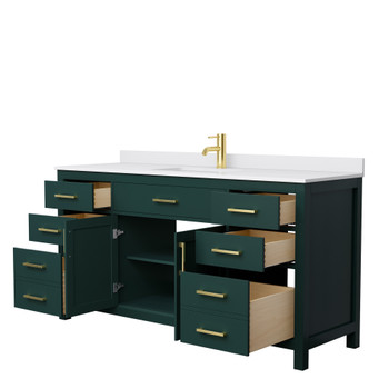 Beckett 66 Inch Single Bathroom Vanity In Green, White Cultured Marble Countertop, Undermount Square Sink, Brushed Gold Trim