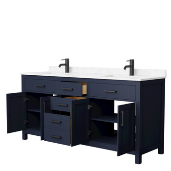 Beckett 72 Inch Double Bathroom Vanity In Dark Blue, Carrara Cultured Marble Countertop, Undermount Square Sinks, Matte Black Trim