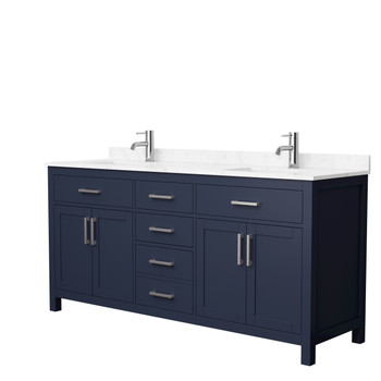 Beckett 72 Inch Double Bathroom Vanity In Dark Blue, Carrara Cultured Marble Countertop, Undermount Square Sinks, Brushed Nickel Trim
