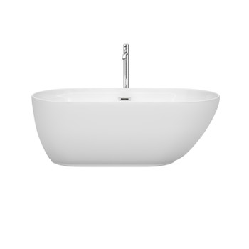 Melissa 60 Inch Freestanding Bathtub In White With Floor Mounted Faucet, Drain And Overflow Trim In Polished Chrome