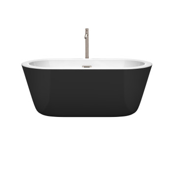Mermaid 60 Inch Freestanding Bathtub In Black With White Interior With Floor Mounted Faucet, Drain And Overflow Trim In Brushed Nickel