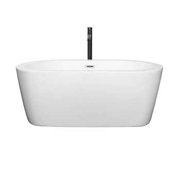 Mermaid 60 Inch Freestanding Bathtub In White With Polished Chrome Trim And Floor Mounted Faucet In Matte Black