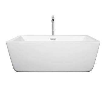 Laura 59 Inch Freestanding Bathtub In White With Floor Mounted Faucet, Drain And Overflow Trim In Polished Chrome