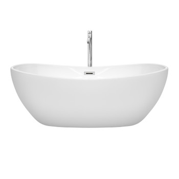 Rebecca 65 Inch Freestanding Bathtub In White With Floor Mounted Faucet, Drain And Overflow Trim In Polished Chrome