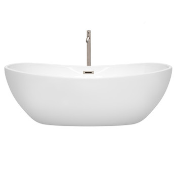 Rebecca 70 Inch Freestanding Bathtub In White With Floor Mounted Faucet, Drain And Overflow Trim In Brushed Nickel