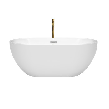 Brooklyn 60 Inch Freestanding Bathtub In White With Polished Chrome Trim And Floor Mounted Faucet In Brushed Gold