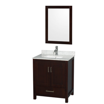 Sheffield 30 Inch Single Bathroom Vanity In Espresso, White Carrara Marble Countertop, Undermount Square Sink, And 24 Inch Mirror