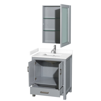 Sheffield 30 Inch Single Bathroom Vanity In Gray, White Cultured Marble Countertop, Undermount Square Sink, Medicine Cabinet