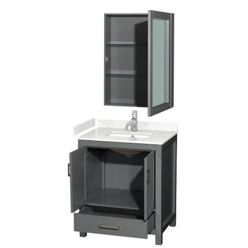 Sheffield 30 Inch Single Bathroom Vanity In Dark Gray, Carrara Cultured Marble Countertop, Undermount Square Sink, Medicine Cabinet