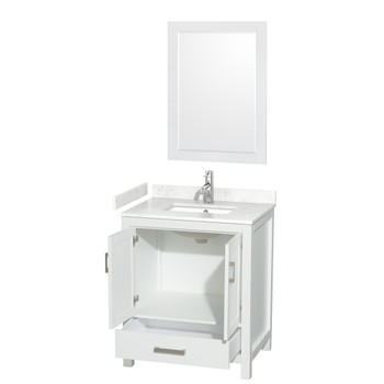 Sheffield 30 Inch Single Bathroom Vanity In White, Carrara Cultured Marble Countertop, Undermount Square Sink, 24 Inch Mirror