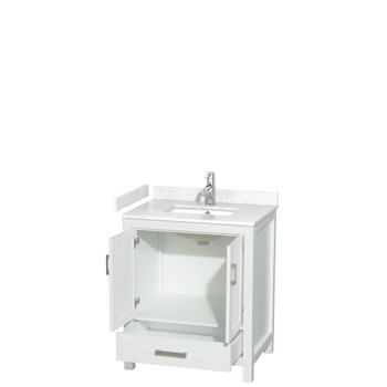 Sheffield 30 Inch Single Bathroom Vanity In White, Carrara Cultured Marble Countertop, Undermount Square Sink, No Mirror