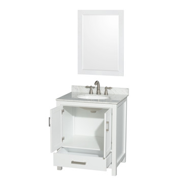 Sheffield 30 Inch Single Bathroom Vanity In White, White Carrara Marble Countertop, Undermount Oval Sink, And 24 Inch Mirror