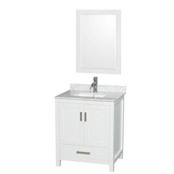 Sheffield 30 Inch Single Bathroom Vanity In White, White Carrara Marble Countertop, Undermount Square Sink, And 24 Inch Mirror