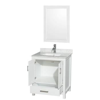 Sheffield 30 Inch Single Bathroom Vanity In White, White Carrara Marble Countertop, Undermount Square Sink, And 24 Inch Mirror