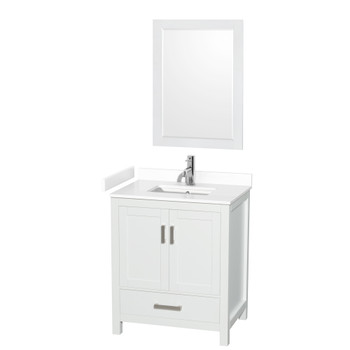 Sheffield 30 Inch Single Bathroom Vanity In White, White Cultured Marble Countertop, Undermount Square Sink, 24 Inch Mirror