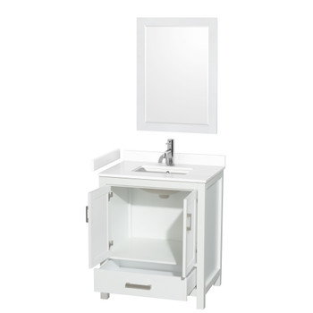 Sheffield 30 Inch Single Bathroom Vanity In White, White Cultured Marble Countertop, Undermount Square Sink, 24 Inch Mirror