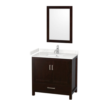 Sheffield 36 Inch Single Bathroom Vanity In Espresso, Carrara Cultured Marble Countertop, Undermount Square Sink, 24 Inch Mirror