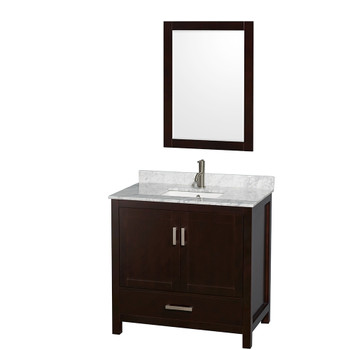 Sheffield 36 Inch Single Bathroom Vanity In Espresso, White Carrara Marble Countertop, Undermount Square Sink, And 24 Inch Mirror