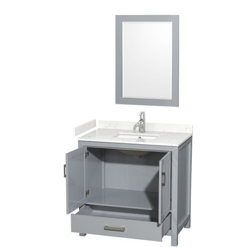 Sheffield 36 Inch Single Bathroom Vanity In Gray, Carrara Cultured Marble Countertop, Undermount Square Sink, 24 Inch Mirror
