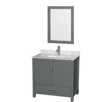 Sheffield 36 Inch Single Bathroom Vanity In Dark Gray, White Carrara Marble Countertop, Undermount Square Sink, And 24 Inch Mirror