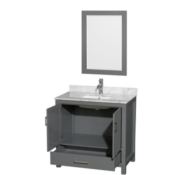 Sheffield 36 Inch Single Bathroom Vanity In Dark Gray, White Carrara Marble Countertop, Undermount Square Sink, And 24 Inch Mirror