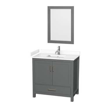 Sheffield 36 Inch Single Bathroom Vanity In Dark Gray, White Cultured Marble Countertop, Undermount Square Sink, 24 Inch Mirror