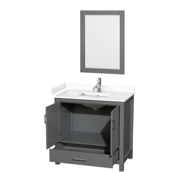 Sheffield 36 Inch Single Bathroom Vanity In Dark Gray, White Cultured Marble Countertop, Undermount Square Sink, 24 Inch Mirror