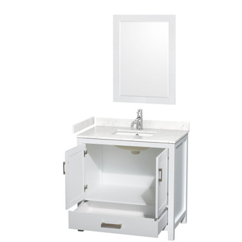 Sheffield 36 Inch Single Bathroom Vanity In White, Carrara Cultured Marble Countertop, Undermount Square Sink, 24 Inch Mirror