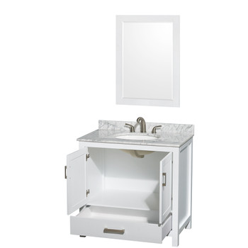 Sheffield 36 Inch Single Bathroom Vanity In White, White Carrara Marble Countertop, Undermount Oval Sink, And 24 Inch Mirror
