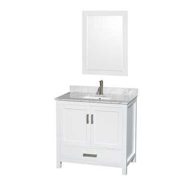 Sheffield 36 Inch Single Bathroom Vanity In White, White Carrara Marble Countertop, Undermount Square Sink, And 24 Inch Mirror