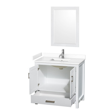 Sheffield 36 Inch Single Bathroom Vanity In White, White Cultured Marble Countertop, Undermount Square Sink, 24 Inch Mirror