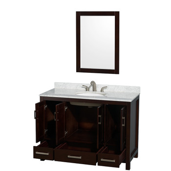 Sheffield 48 Inch Single Bathroom Vanity In Espresso, White Carrara Marble Countertop, Undermount Oval Sink, And 24 Inch Mirror