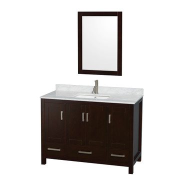 Sheffield 48 Inch Single Bathroom Vanity In Espresso, White Carrara Marble Countertop, Undermount Square Sink, And 24 Inch Mirror