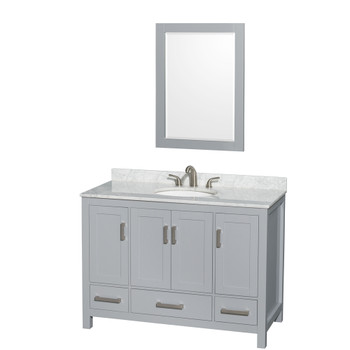 Sheffield 48 Inch Single Bathroom Vanity In Gray, White Carrara Marble Countertop, Undermount Oval Sink, And 24 Inch Mirror