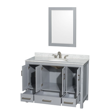 Sheffield 48 Inch Single Bathroom Vanity In Gray, White Carrara Marble Countertop, Undermount Oval Sink, And 24 Inch Mirror