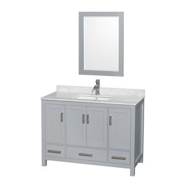 Sheffield 48 Inch Single Bathroom Vanity In Gray, White Carrara Marble Countertop, Undermount Square Sink, And 24 Inch Mirror