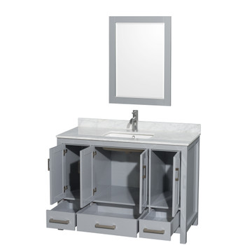 Sheffield 48 Inch Single Bathroom Vanity In Gray, White Carrara Marble Countertop, Undermount Square Sink, And 24 Inch Mirror