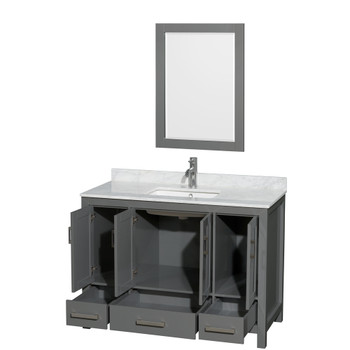 Sheffield 48 Inch Single Bathroom Vanity In Dark Gray, White Carrara Marble Countertop, Undermount Square Sink, And 24 Inch Mirror