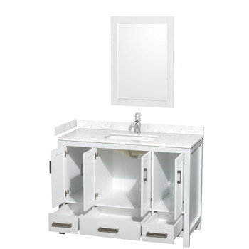 Sheffield 48 Inch Single Bathroom Vanity In White, Carrara Cultured Marble Countertop, Undermount Square Sink, 24 Inch Mirror