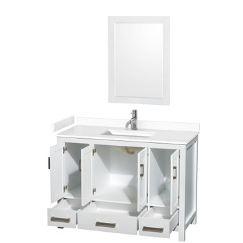 Sheffield 48 Inch Single Bathroom Vanity In White, White Cultured Marble Countertop, Undermount Square Sink, 24 Inch Mirror