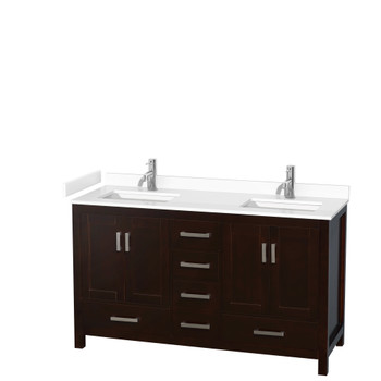 Sheffield 60 Inch Double Bathroom Vanity In Espresso, White Cultured Marble Countertop, Undermount Square Sinks, No Mirror