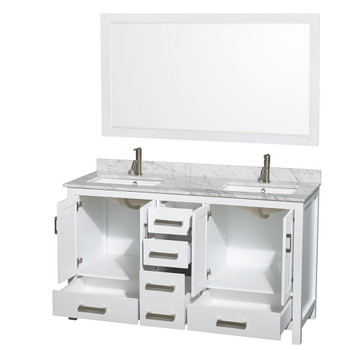 Sheffield 60 Inch Double Bathroom Vanity In White, White Carrara Marble Countertop, Undermount Square Sinks, And 58 Inch Mirror