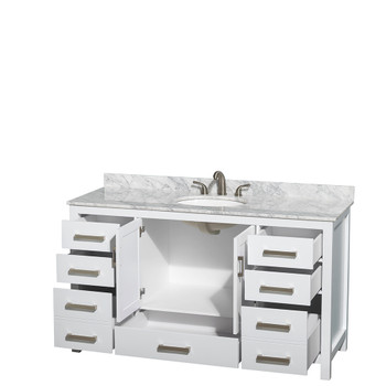 Sheffield 60 Inch Single Bathroom Vanity In White, White Carrara Marble Countertop, Undermount Oval Sink, And No Mirror