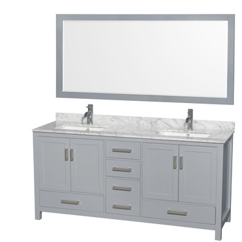 Sheffield 72 Inch Double Bathroom Vanity In Gray, White Carrara Marble Countertop, Undermount Square Sinks, And 70 Inch Mirror