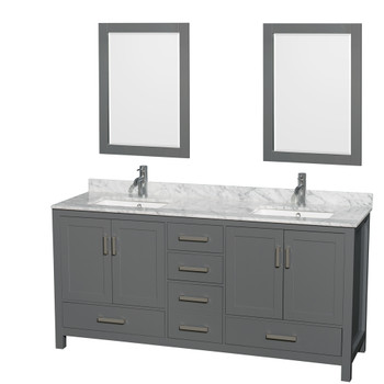 Sheffield 72 Inch Double Bathroom Vanity In Dark Gray, White Carrara Marble Countertop, Undermount Square Sinks, And 24 Inch Mirrors