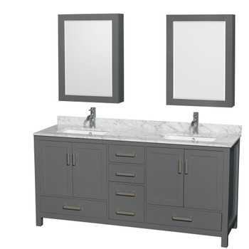 Sheffield 72 Inch Double Bathroom Vanity In Dark Gray, White Carrara Marble Countertop, Undermount Square Sinks, And Medicine Cabinets