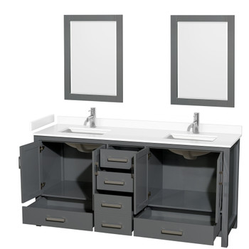 Sheffield 72 Inch Double Bathroom Vanity In Dark Gray, White Cultured Marble Countertop, Undermount Square Sinks, 24 Inch Mirrors